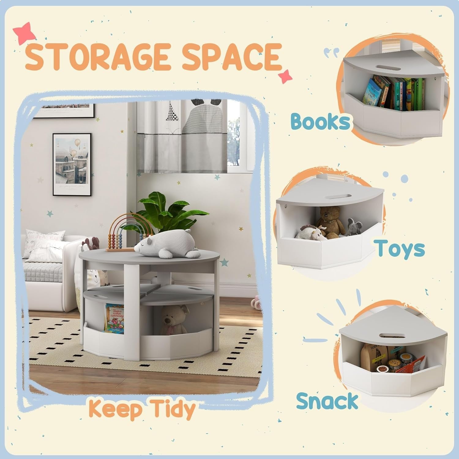 Kids Table and 4 Chairs with Storage Set Grey Round Playroom Activity Desk