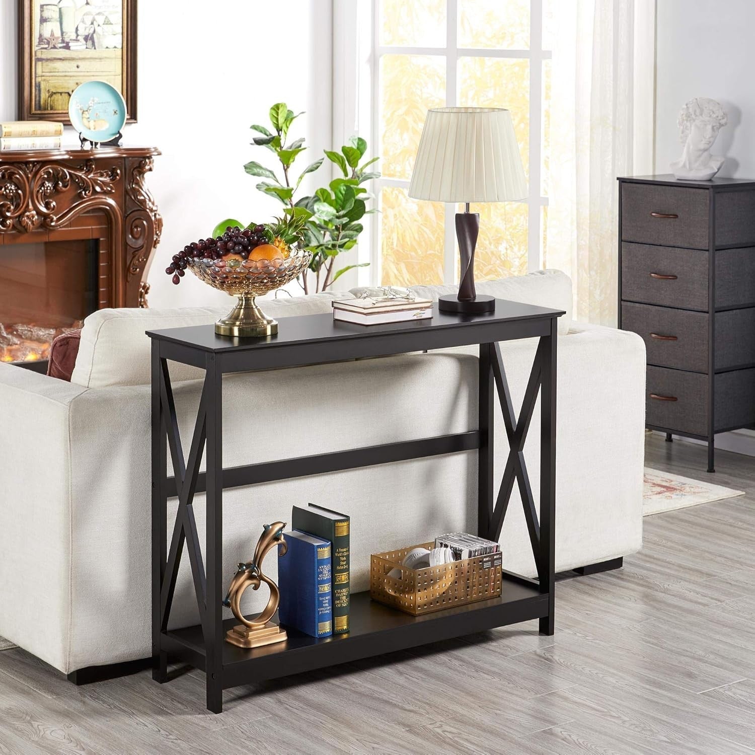 2 Tier Black Console Table with Shelf for Hallway Entryway Living Room