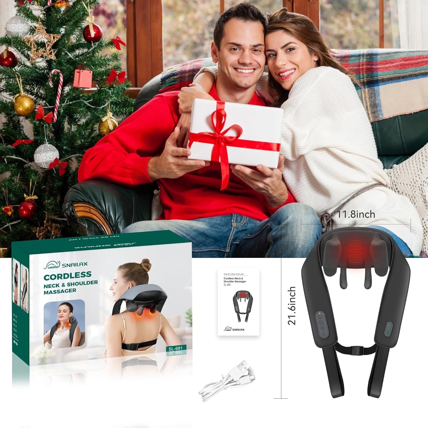 Cordless Neck Shoulder Massager Heat Deep Tissue Shiatsu Pillow