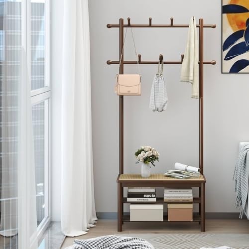 3-in-1 Bamboo Coat Rack with Bench & Shelves Rattan Hallway Entryway Storage