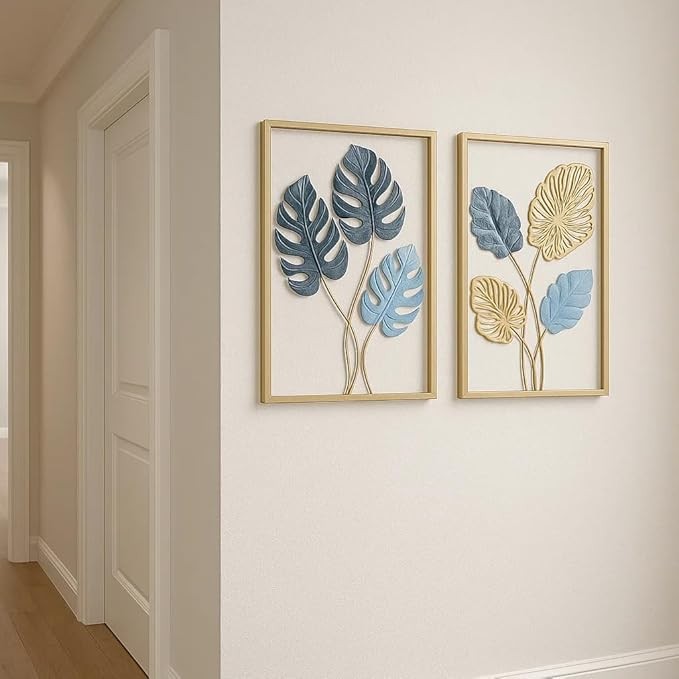 Bohemian 3D Metal Leaf Wall Art Set of 3 16x11" Gold Boho Decor
