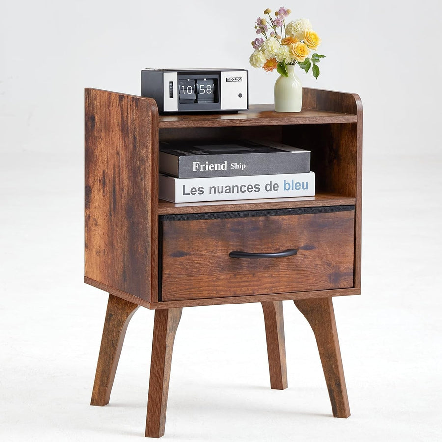 Mid Century Modern Bedside Table, Wooden Nightstand with Drawer & Open Shelf