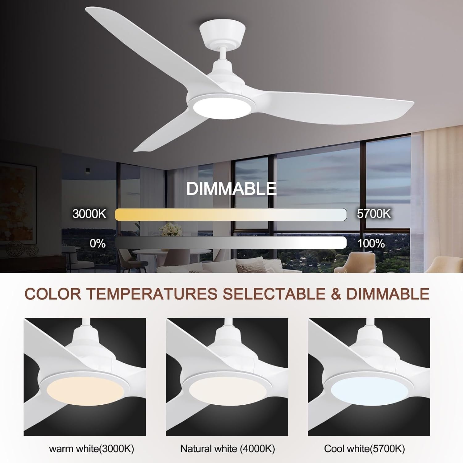 Ovlaim 132CM Smart White Ceiling Fan with LED Light, Remote, 6-Speed, DC Motor