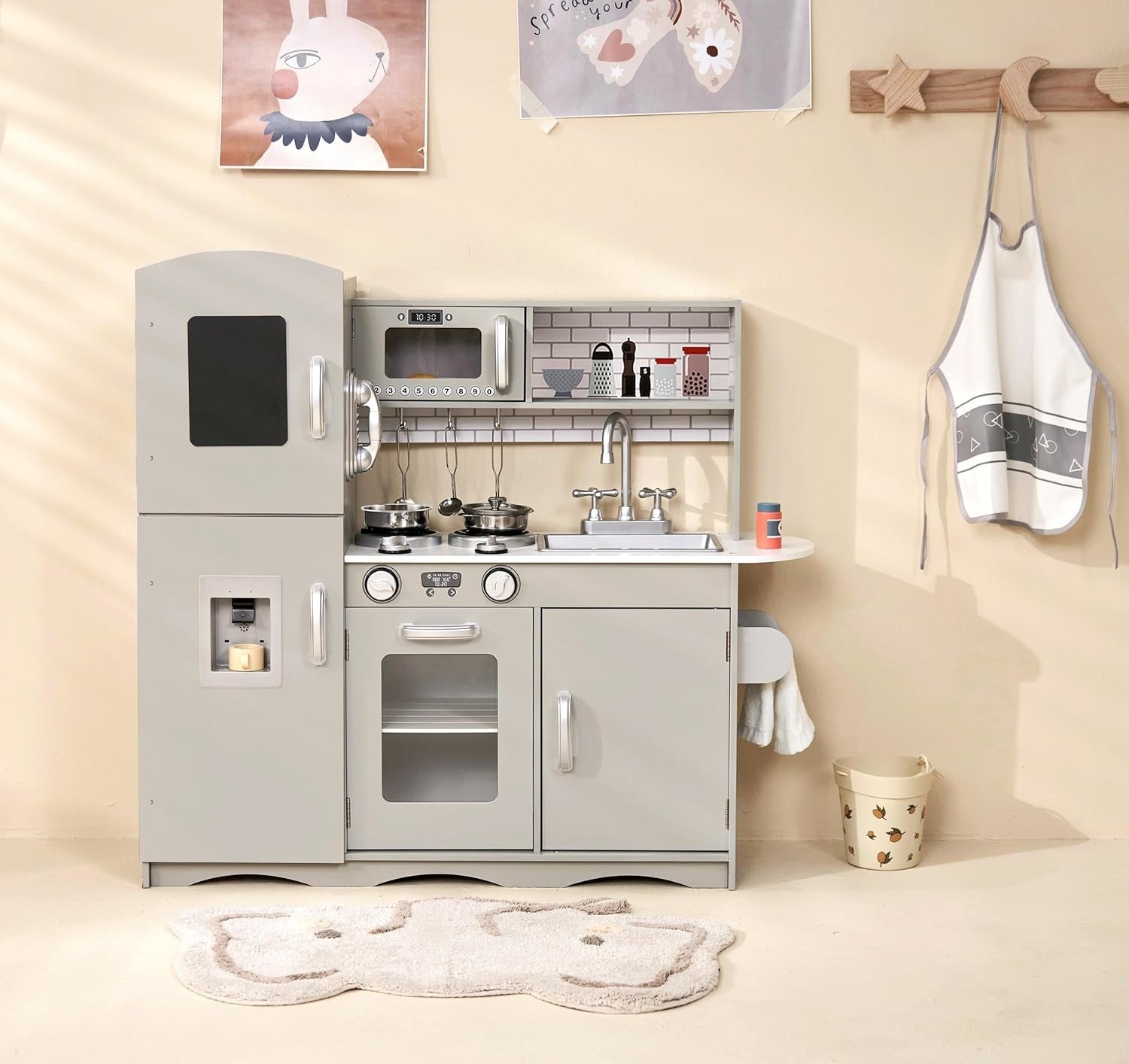 Large Wooden Kids Play Kitchen Lights Sounds Utensils Grey White