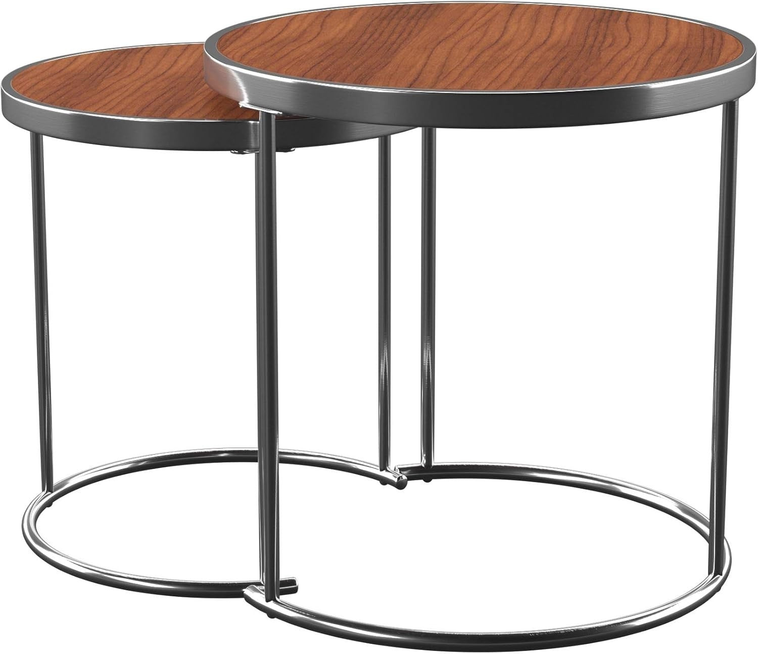 2pc Round Nesting Coffee Table Set Wood Top Chrome Metal Base Modern Living Room