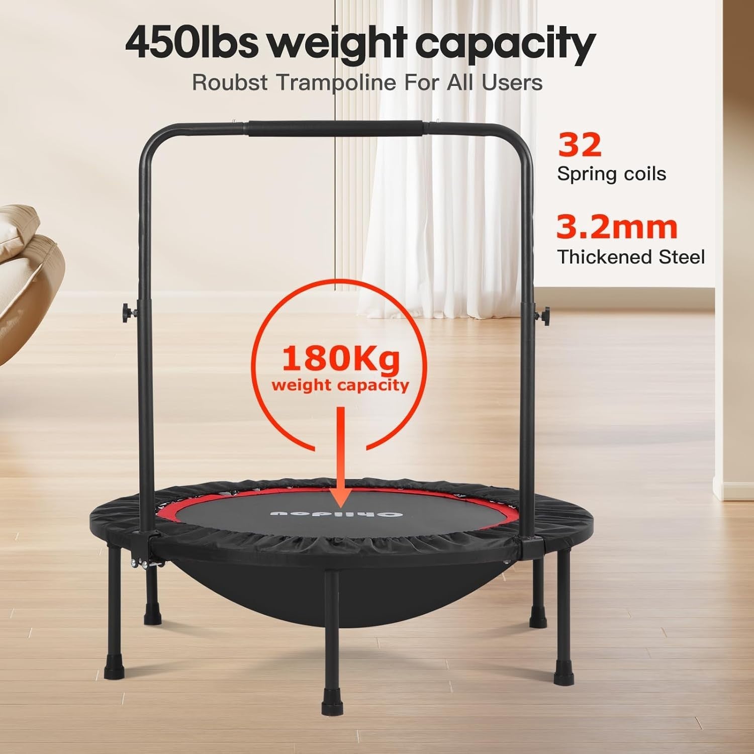 40'' Fitness Trampoline Foldable Rebounder Adjustable Handle Indoor Workout