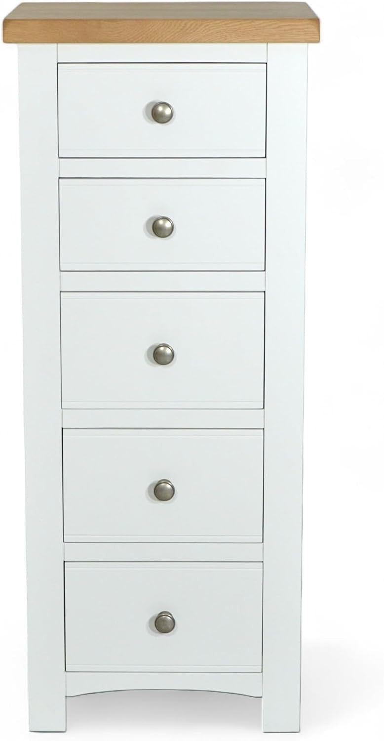 White 5 Drawer Tallboy Chest Slim Storage Bedroom Cabinet 116cm High