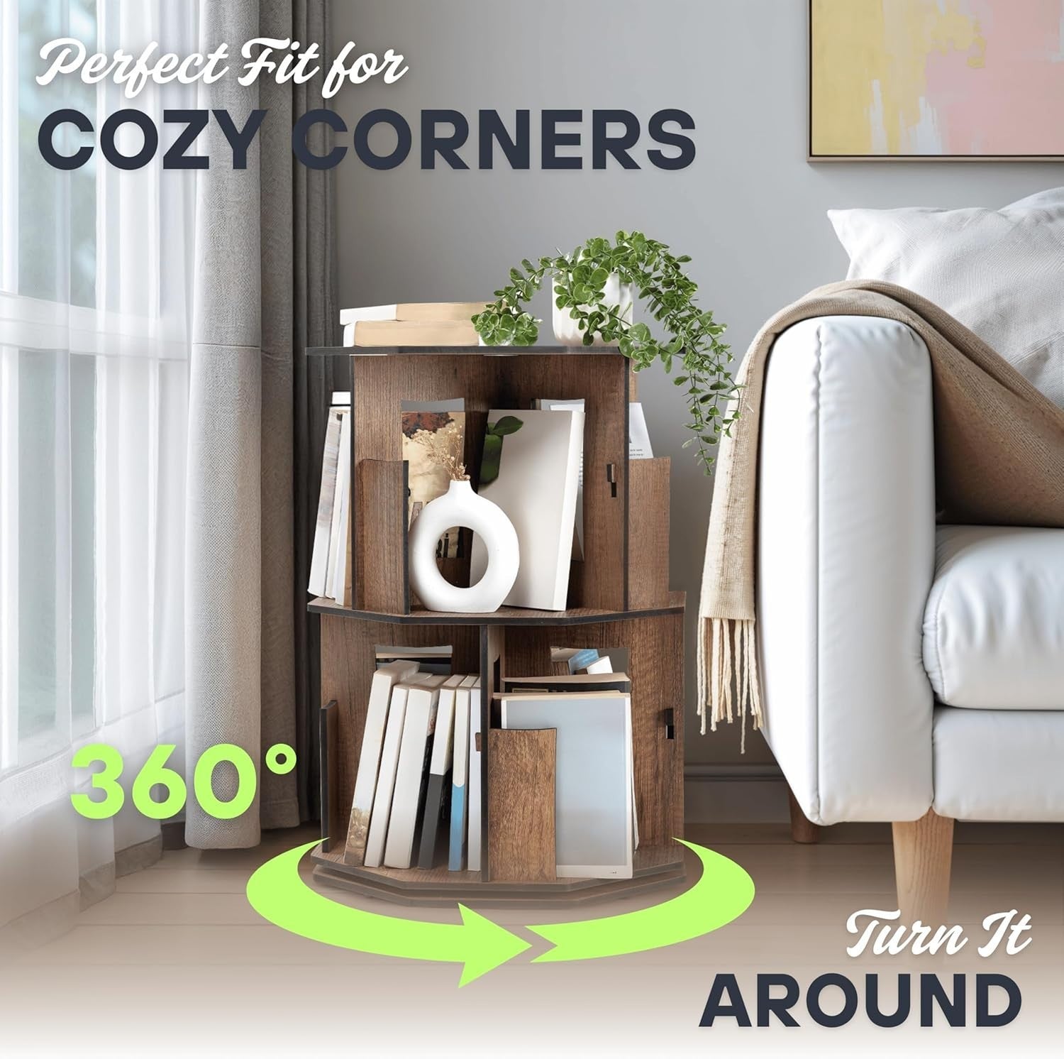 2 Tier Rotating Kids Bookshelf Walnut Corner Shelf Space-Saving Storage Organize