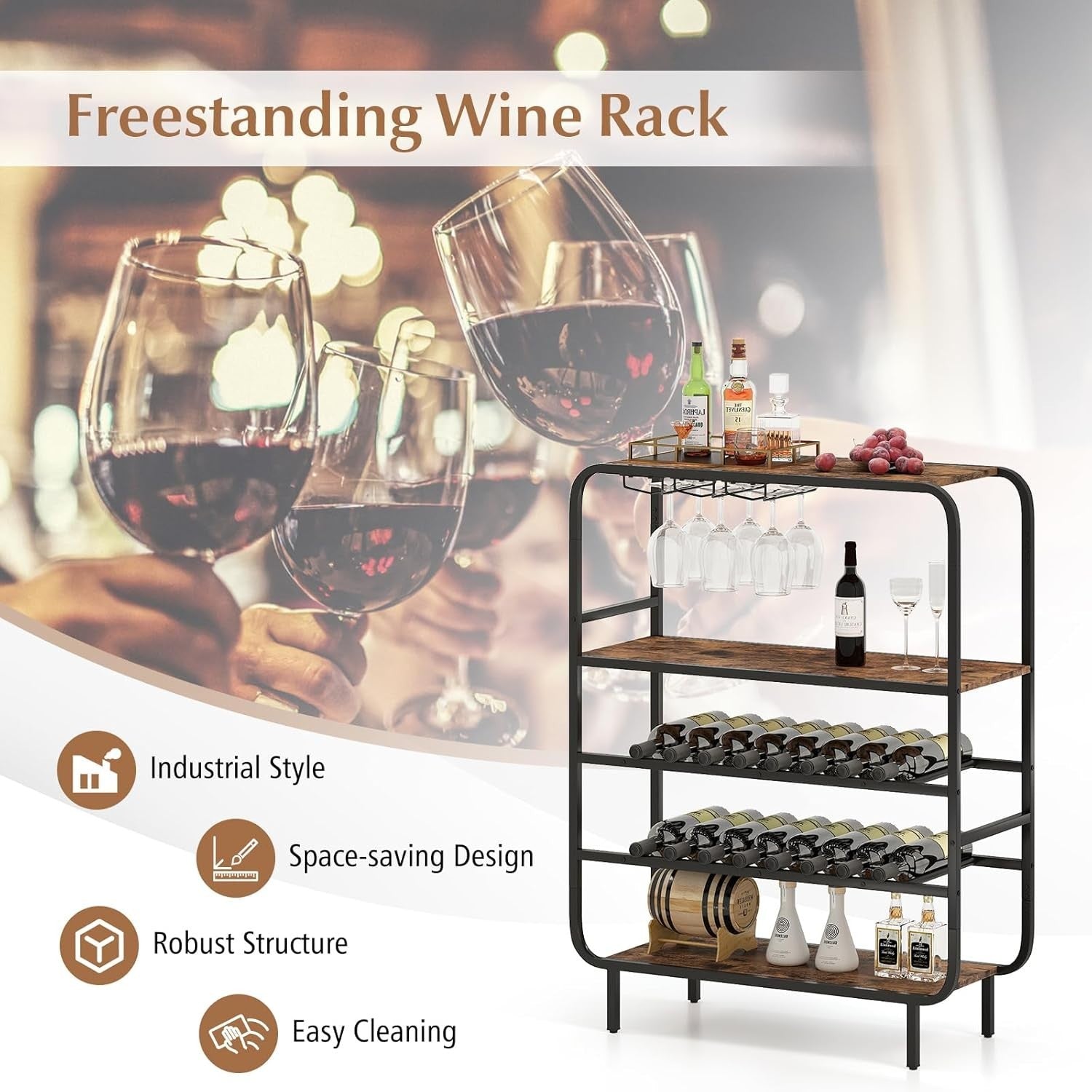 5 Tier Wine Rack Cabinet 16 Bottle Storage with Glass Holder Industrial Home Bar