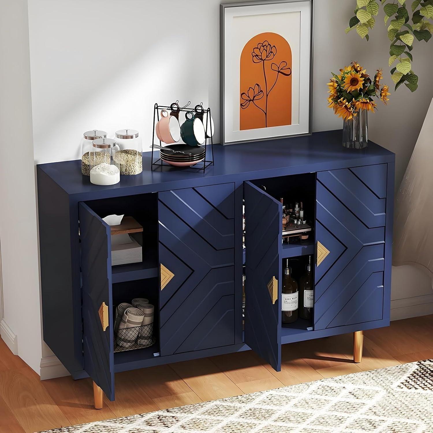 Blue Modern Sideboard Cabinet 4 Door Waterproof Storage Buffet Table