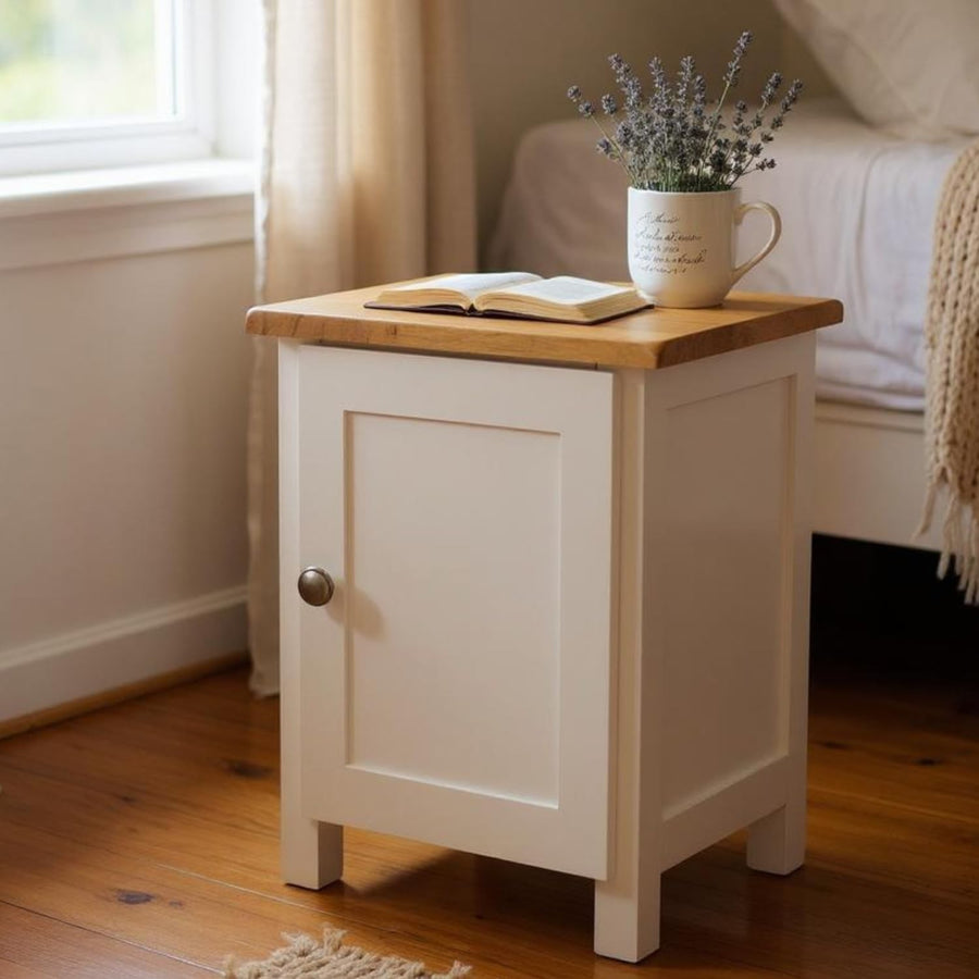 Solid Wood Bedside Table with Oak Top – 1 Door White Cabinet, Ready Assembled