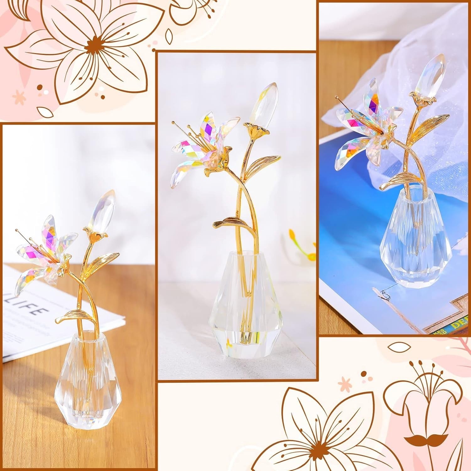 Clear Crystal Lily Flower Ornament • Luxury Glass Vase Figurine
