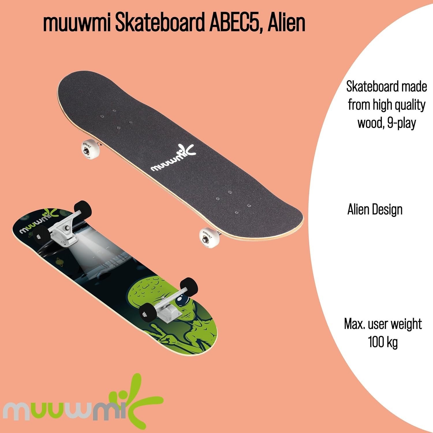 Kids & Teens Skateboard Complete Trick Board for Skateparks Alien