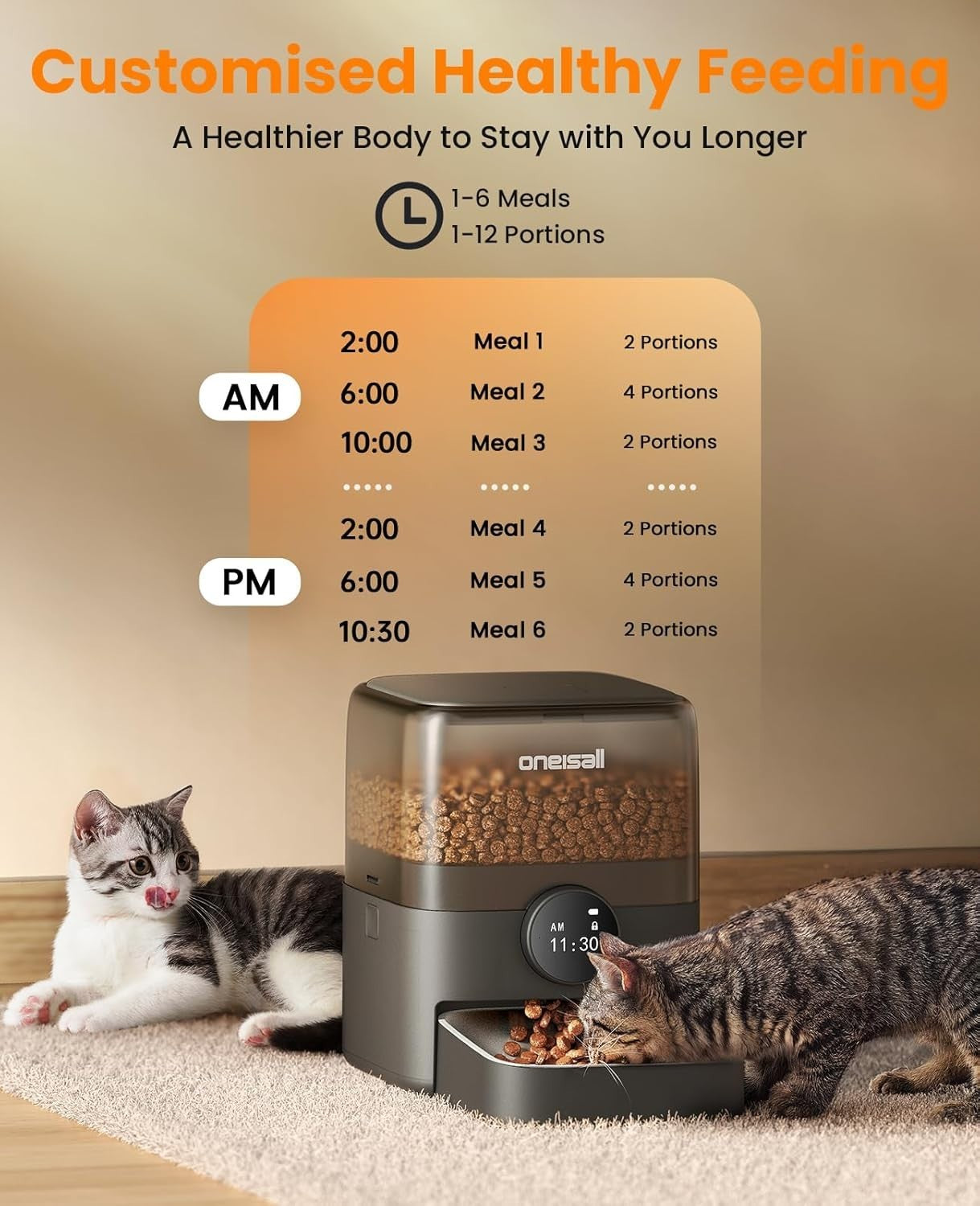 Automatic Cat Feeder 3L Timed Pet Food Dispenser 6 Meals Stainless Bowl