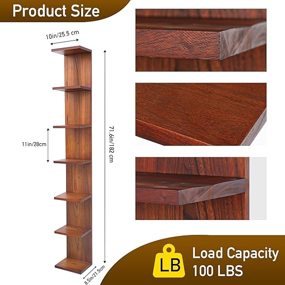 7 Tier Vertical Wall Shelf Slim Wood Display Unit Tall Storage Tower Walnut