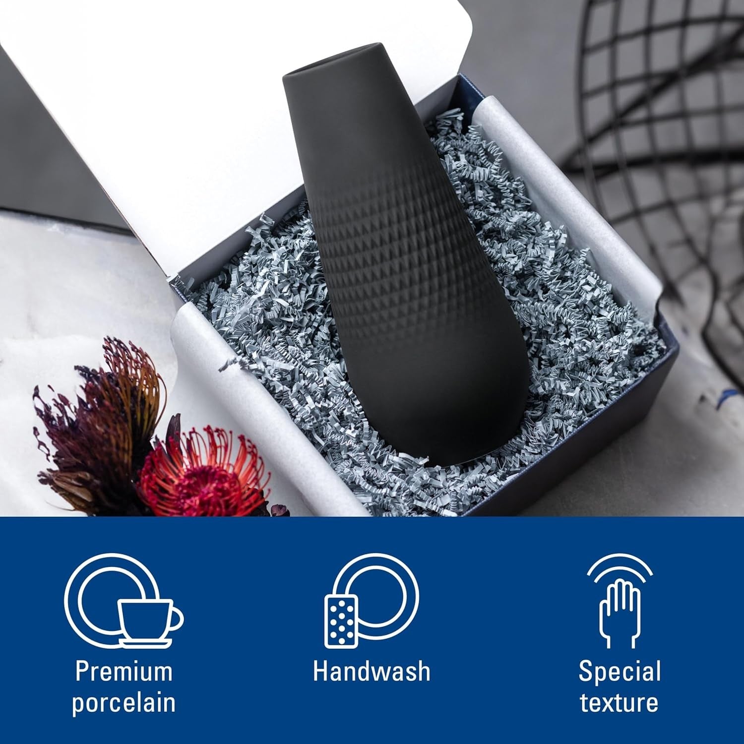 Tall Black Porcelain Vase Modern Textured Floor Table Home Decor 26cm