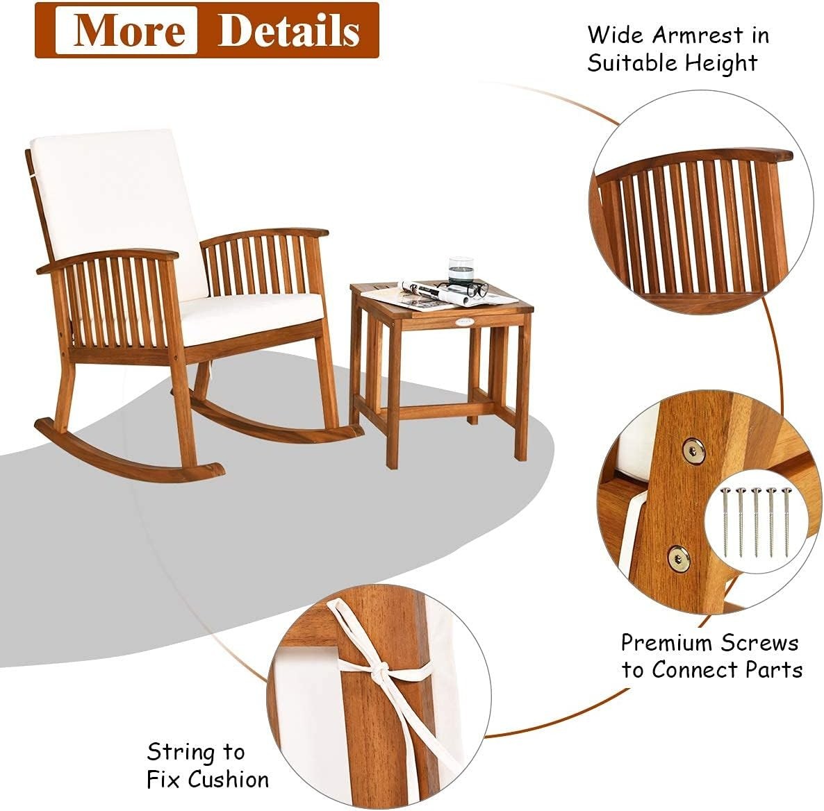 Garden Rocking Chair with Side Table, Acacia Wood, Padded Seat Outdoor Set