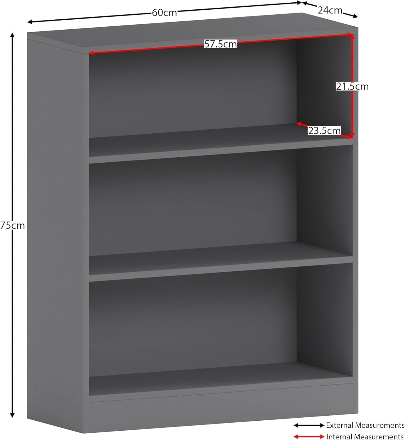 3 Tier Grey Wooden Bookcase Modern Storage Display Shelf for Living Room Low