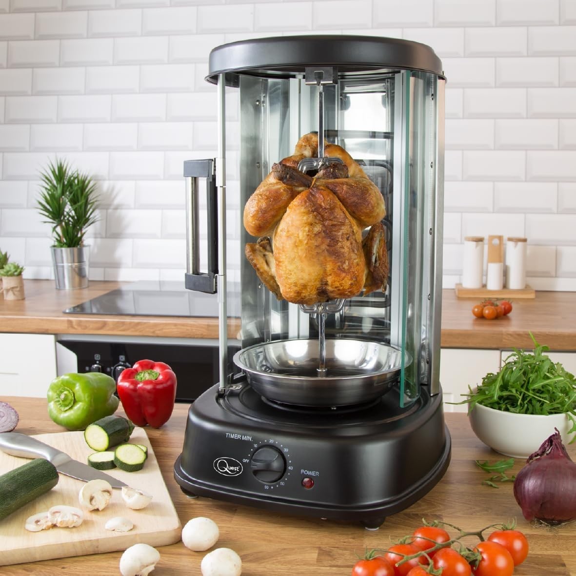 21L Rotisserie Kebab Grill 7 Skewers Vertical Cooker 1500W Timer Glass