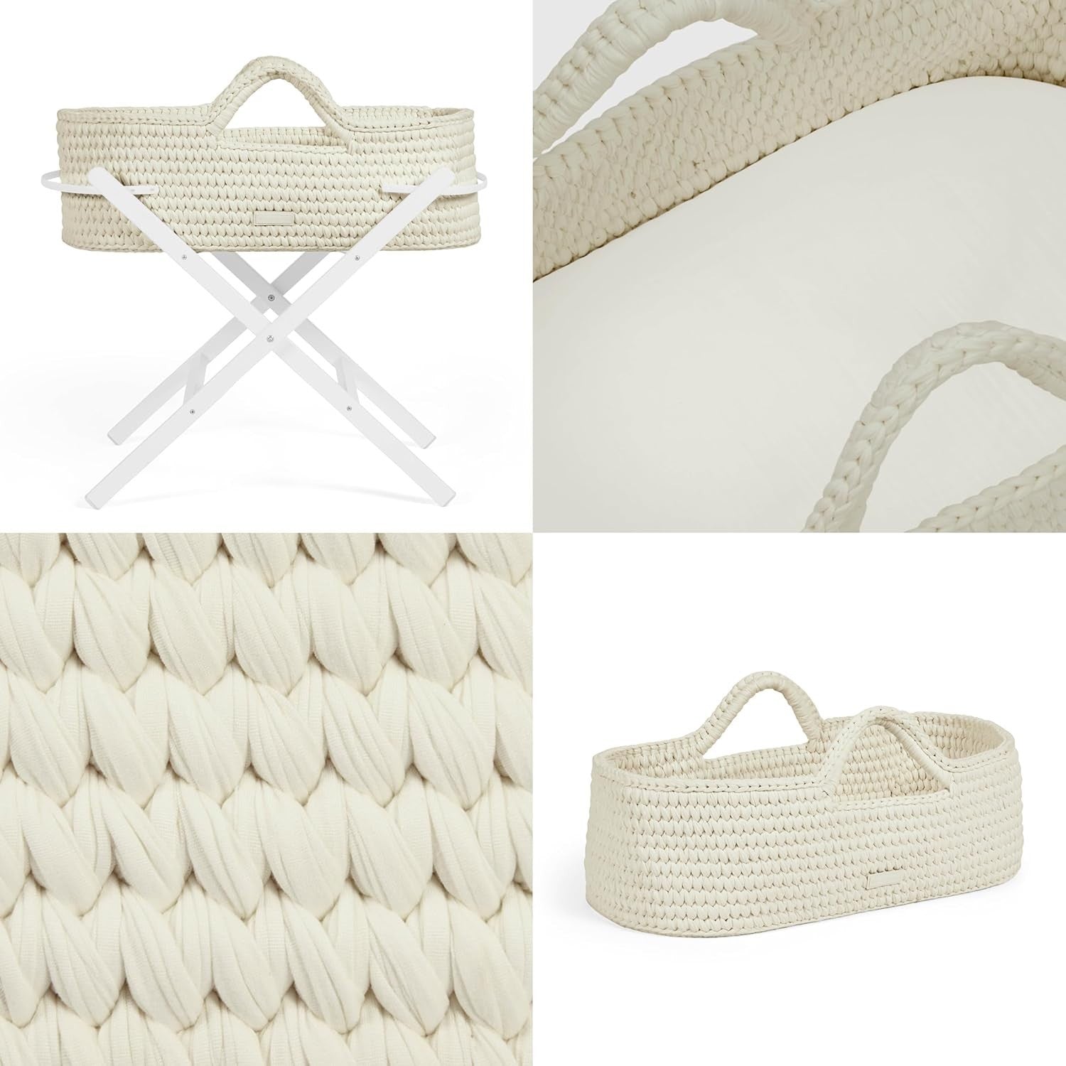 Crochet Moses Basket with Foldable Stand & Mattress Lightweight Cloud Pine