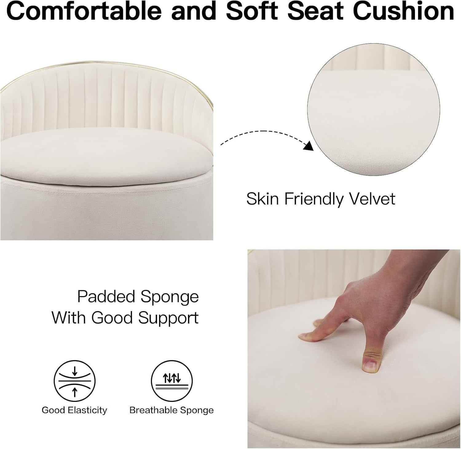 Beige Velvet Round Storage Ottoman Swivel Stool with Backrest & Wheels