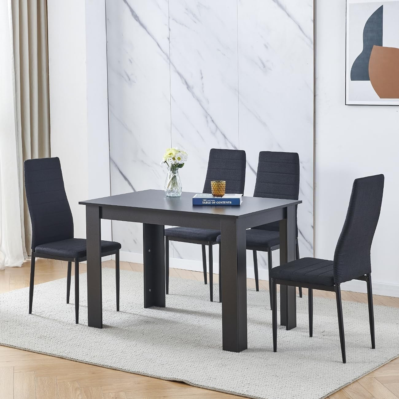 Modern Black Linen Dining Set 5-Piece | Compact Kitchen Table & Chairs