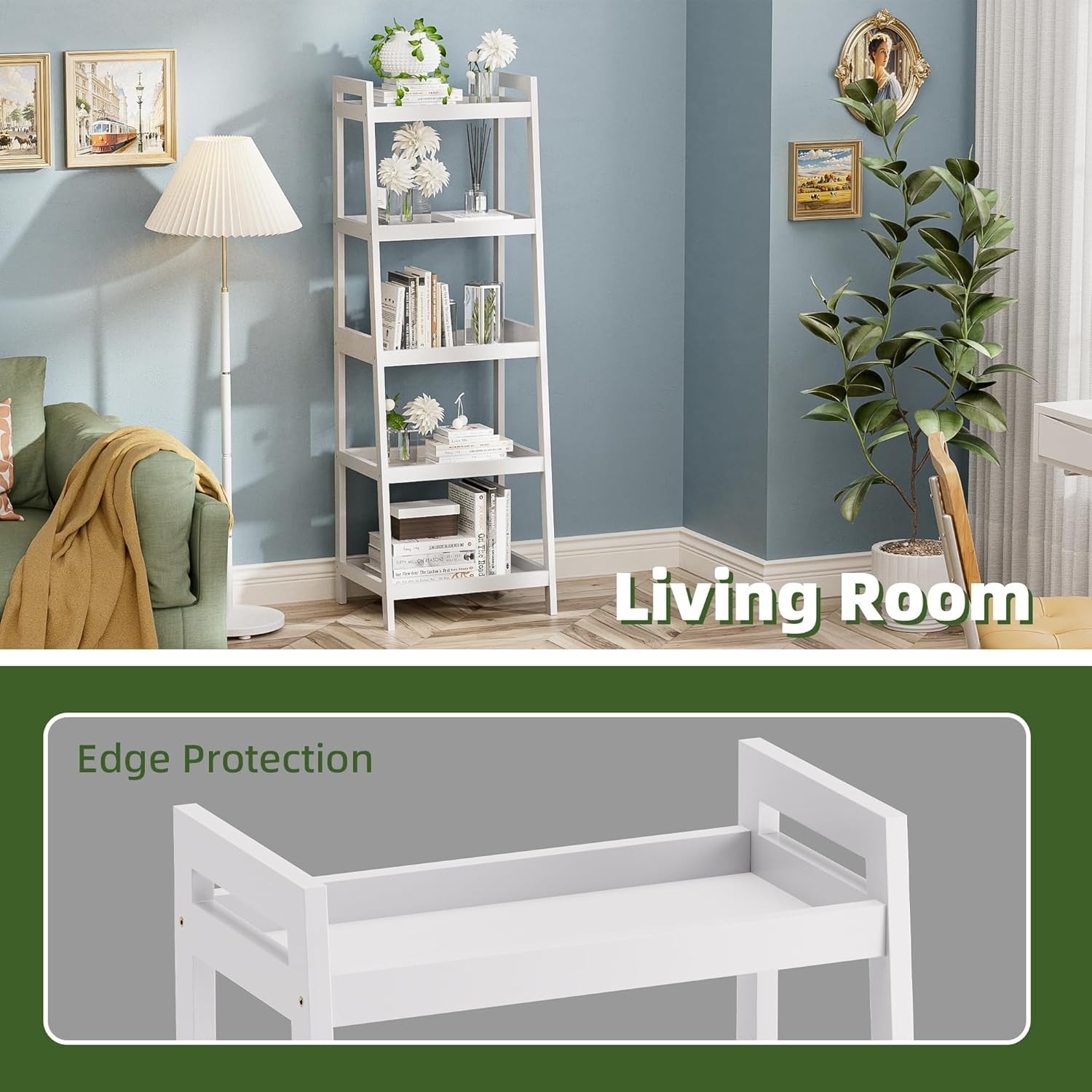 White 5-Tier Ladder Bookcase, Tall Narrow Bamboo Frame Display Storage Shelf