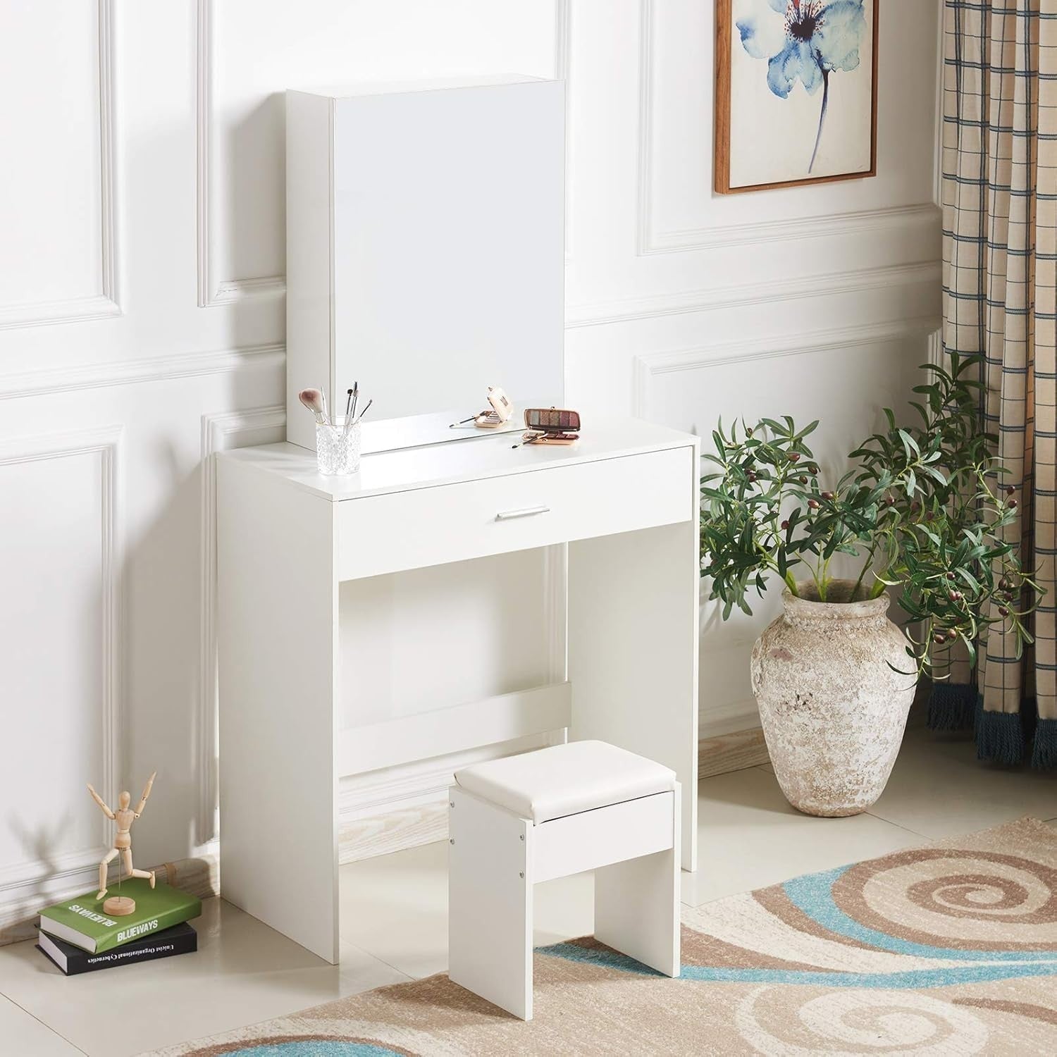 White Soft Padded Vanity Stool Modern Wooden Dressing Table Chair 41x35x45cm
