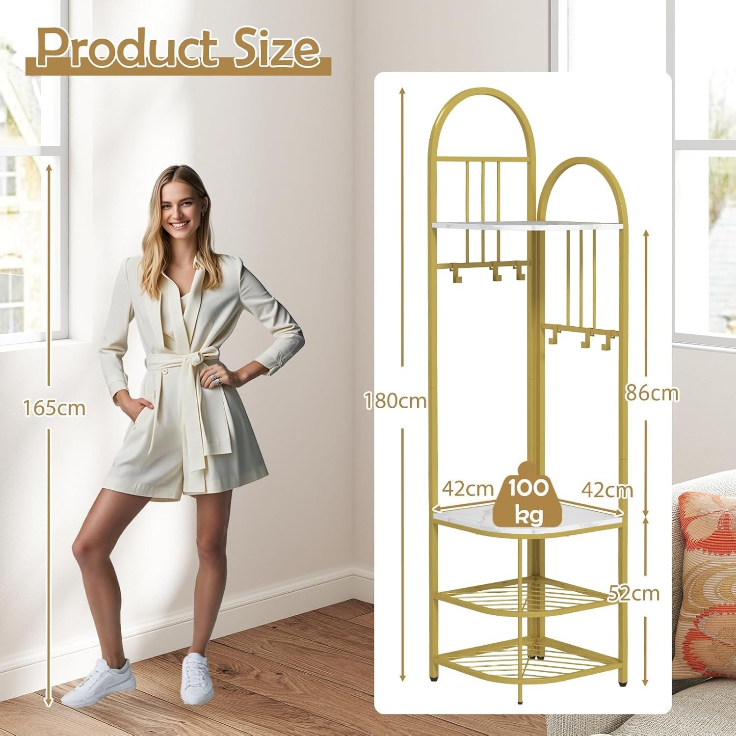 White Gold Corner Coat Rack 4-Tier Hall Tree with Shoe Bench & 6 Hooks