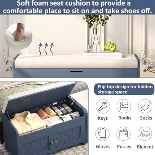 Blue Upholstered Shoe Storage Bench with Cushion Seat Cabinet Entryway 100x36x45