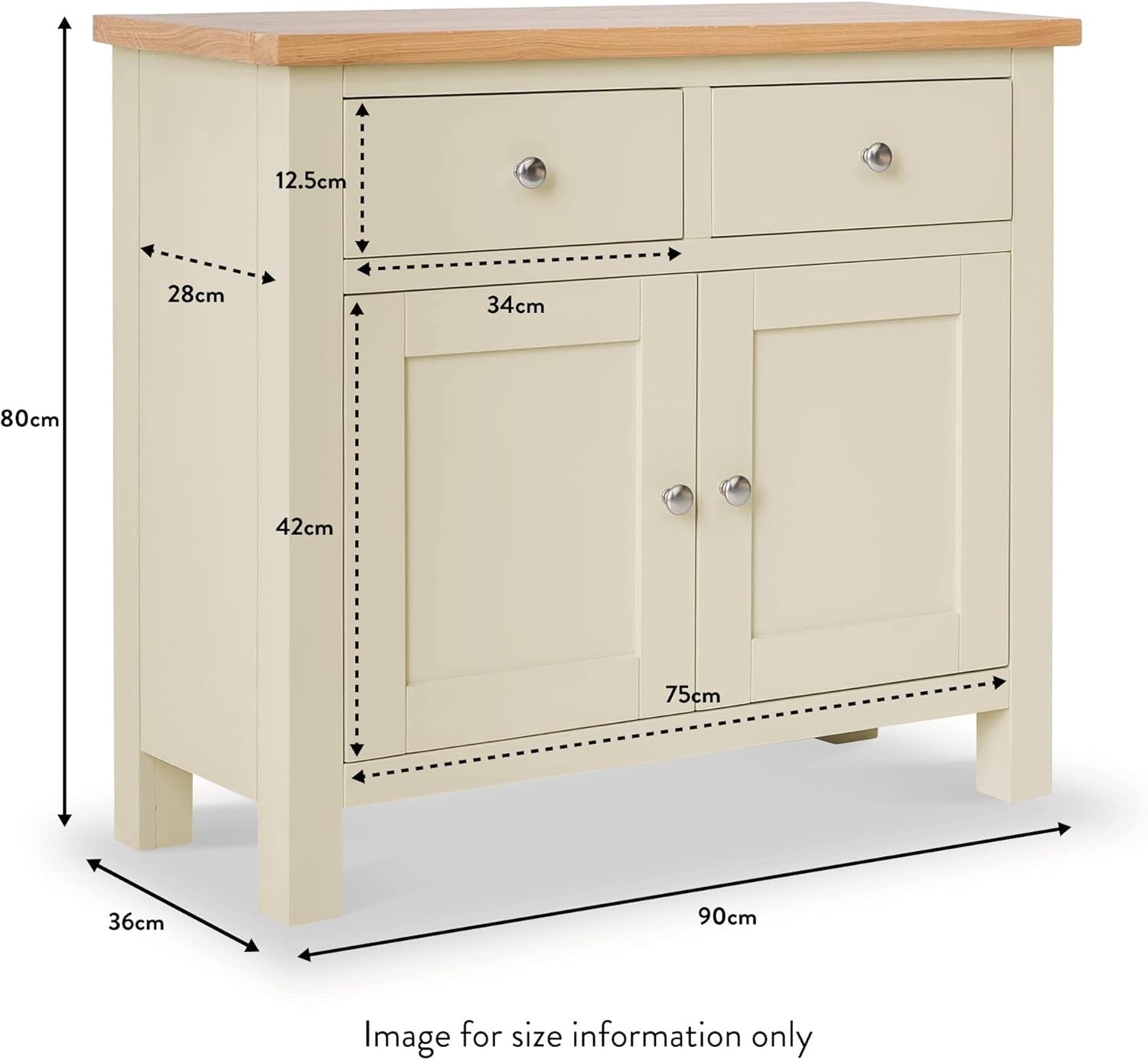 Cream Small Sideboard Storage Cabinet 2 Drawer 2 Door Oak Top for Kitchen