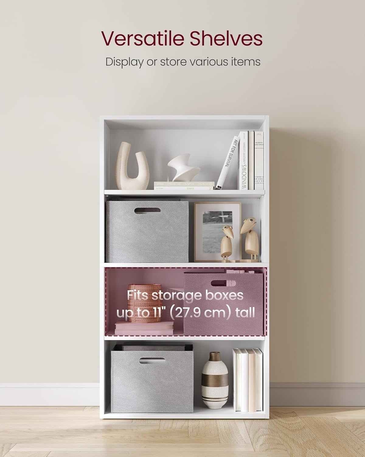 4Tier Wooden Bookcase Tall Storage Display Book Shelf for Living Room White
