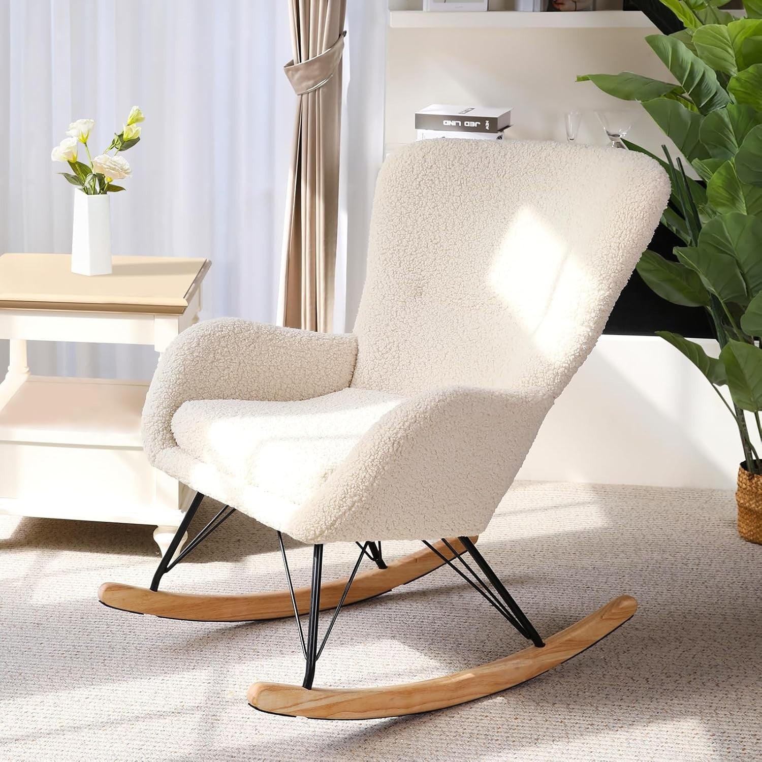 Comfortable Beige Cashmere Rocking Chair Recliner with Metal Frame & Cushion