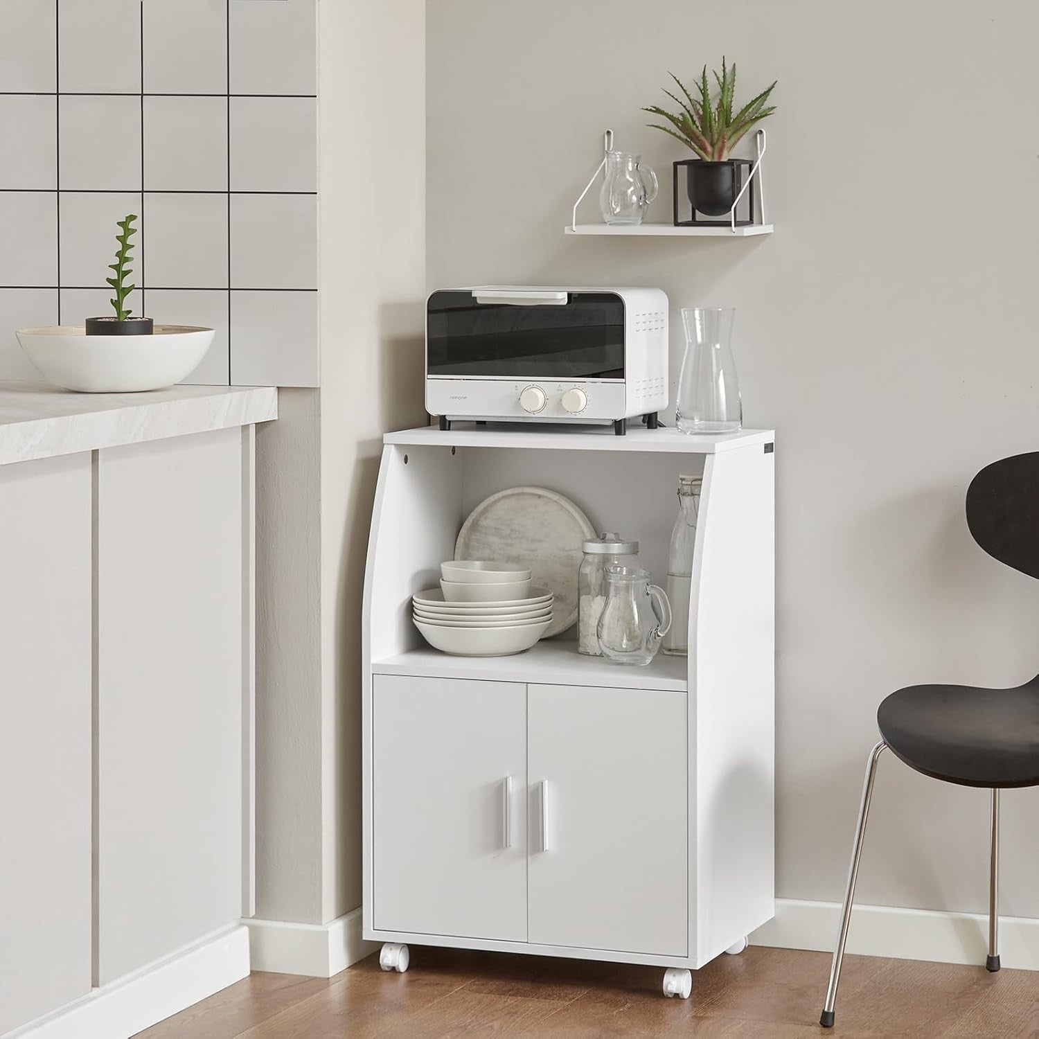 White Kitchen Trolley Cabinet with Doors Rolling Microwave Storage Cart