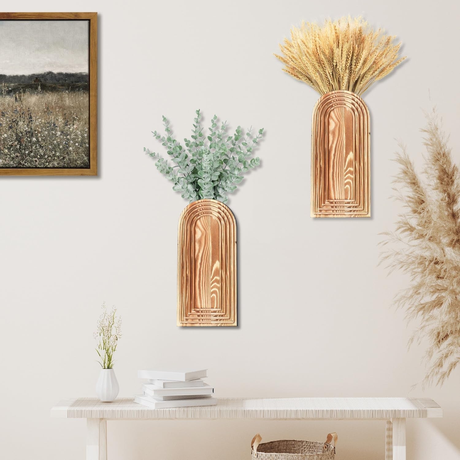 Modern Wall Wood Vase Set of 2 Brown Farmhouse Entryway Hanging Decor