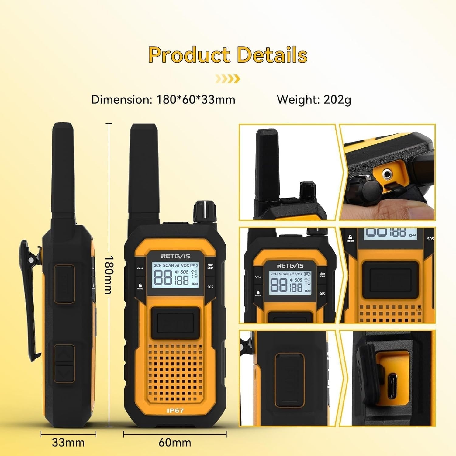 Waterproof Heavy Duty Walkie Talkies IP67 Dual PTT 2000mAh 4 Pack