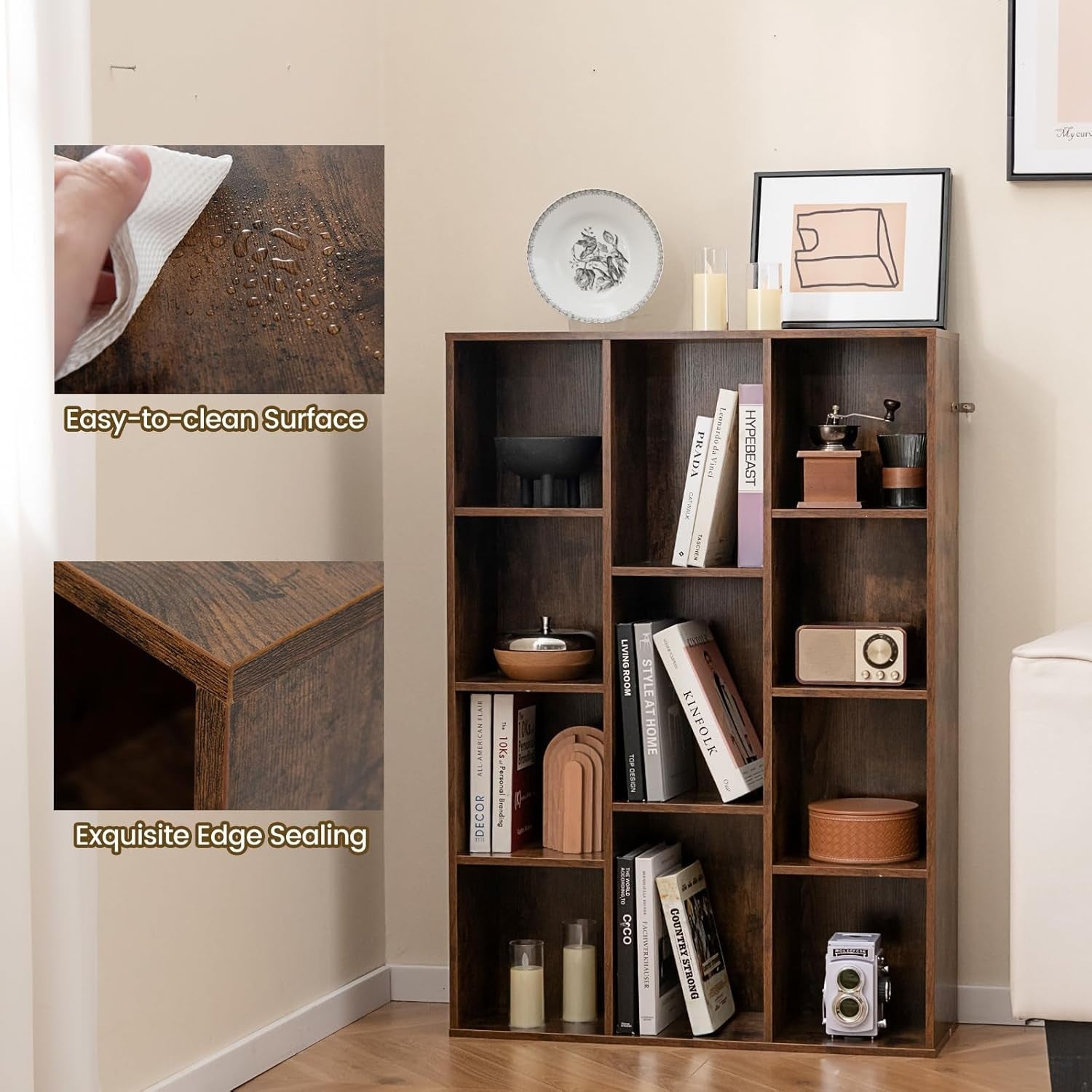 Rustic Brown 11-Cube Bookcase with Shelves & Anti-Tip Safety for Home Office