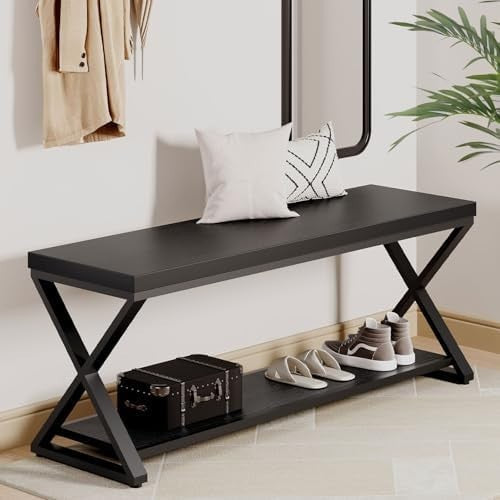 Black Oak 120cm Modern Entryway Bench with Open Storage Shelves