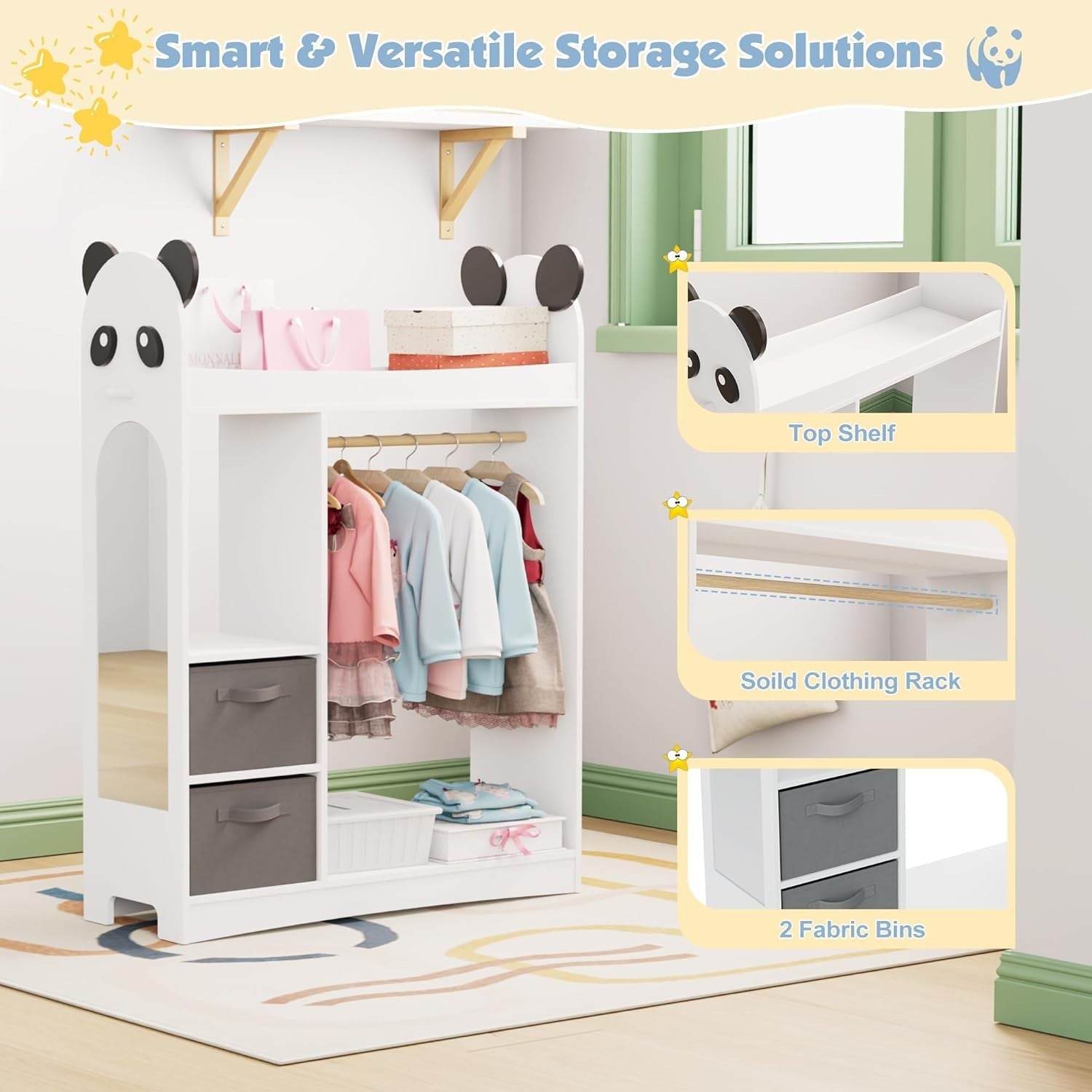Kids Dress Up Wardrobe with Mirror, Hanging Rail & 2 Drawers for Clothes
