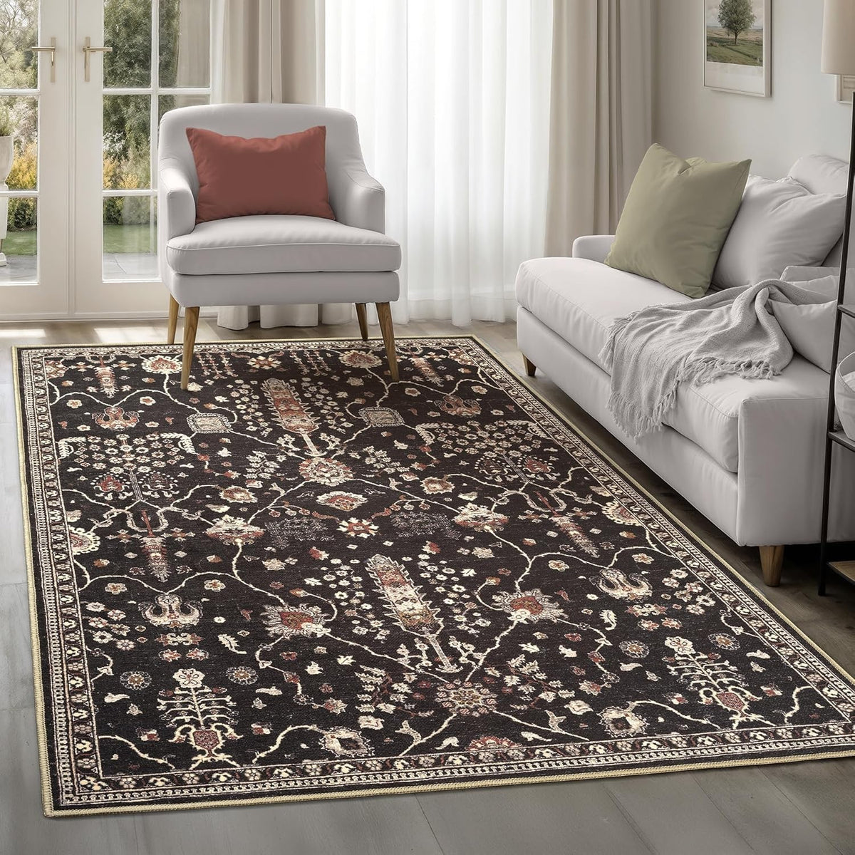 Washable Rug 152x213cm Non-Slip Traditional Area Carpet Night Black Living Room