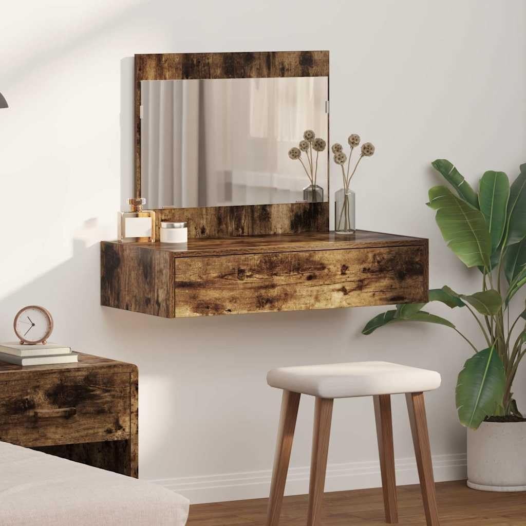 Modern Smoked Oak Dressing Table Vanity Desk with Mirror & Drawer Storage