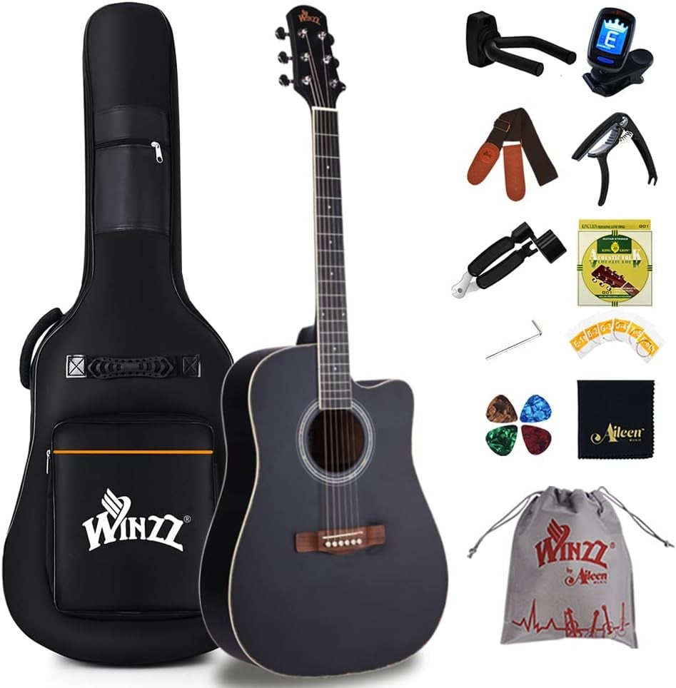 Full Size 4/4 Cutaway Acoustic Guitar Kit 41in Black Steel String