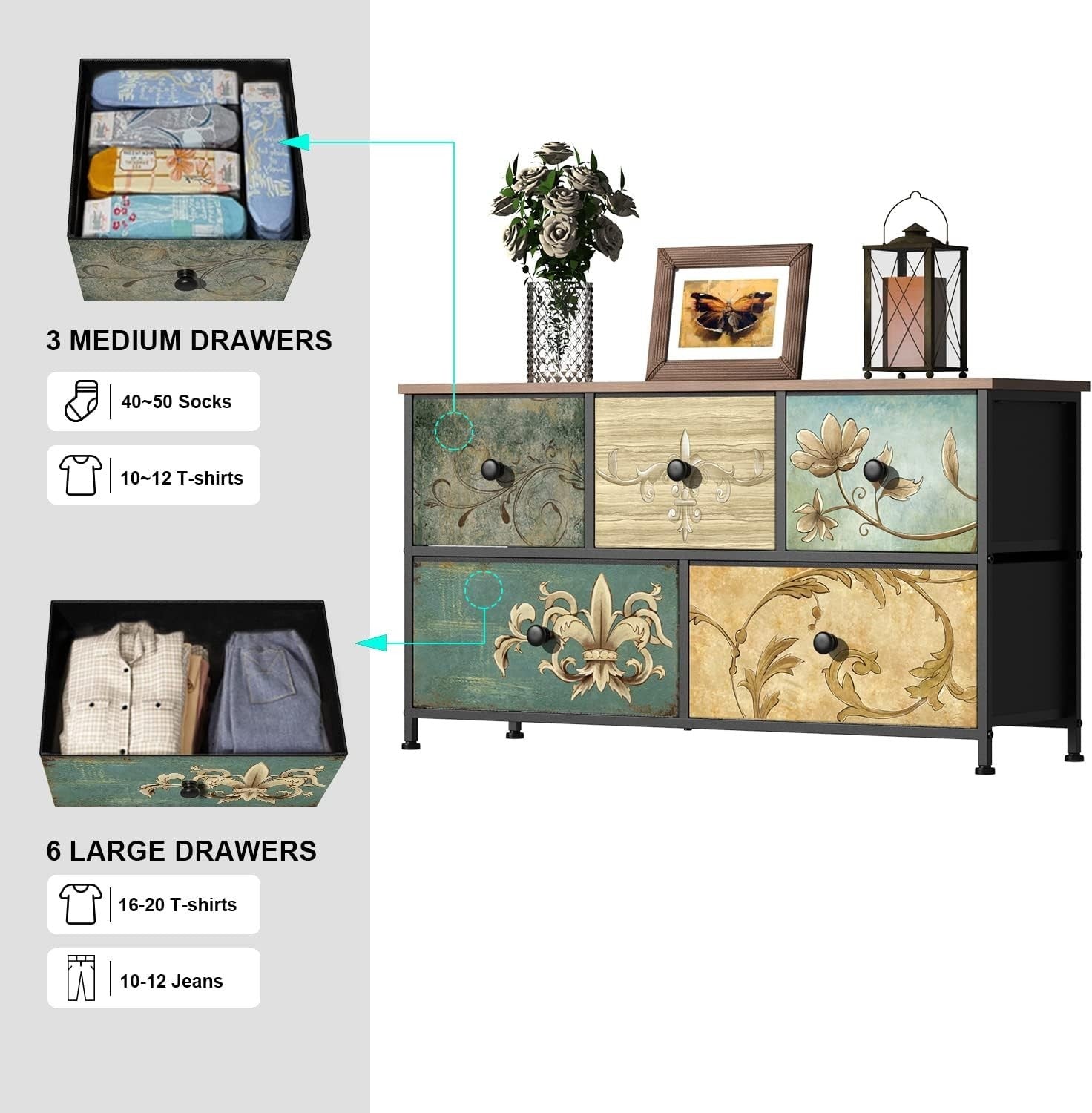 5-Drawer Bohemian Storage Dresser for Bedroom, Nursery, Living Room, Closet