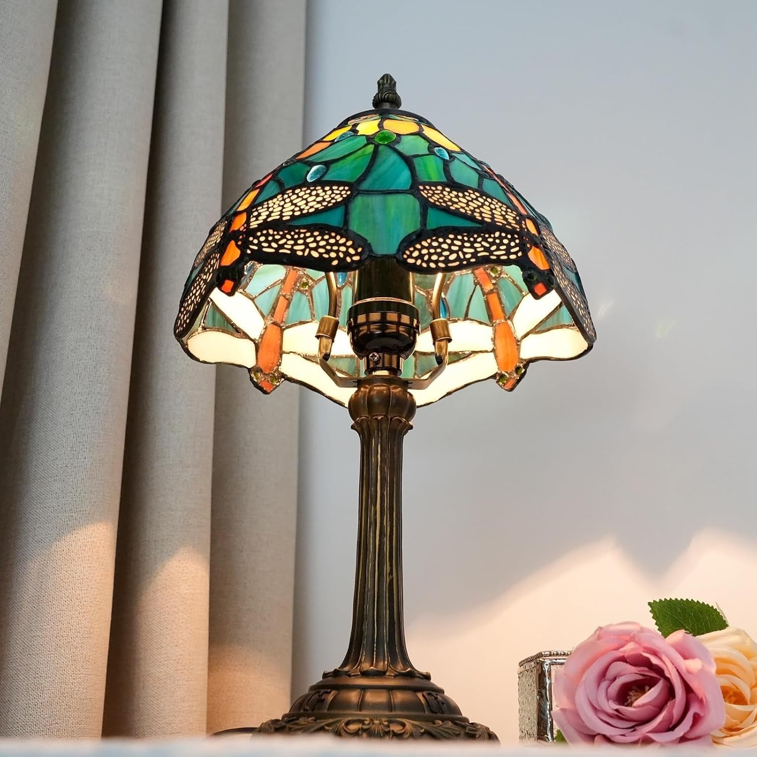Antique Tiffany Style Stained Glass Dragonfly Table Lamp, Bedroom Desk Light