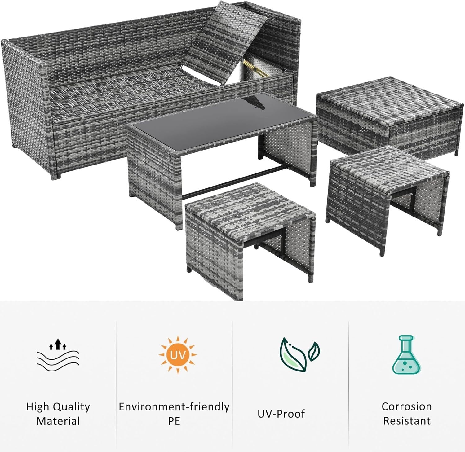 Grey 6-Seater Rattan Outdoor Corner Sofa Set with Cushions, Coffee Table & Stool