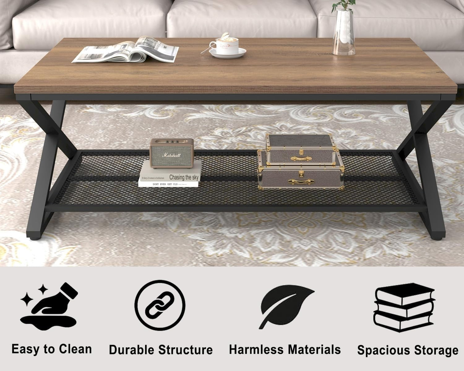 Rustic Oak Coffee Table with Storage Shelf | Industrial 2-Tier Rectangular Table