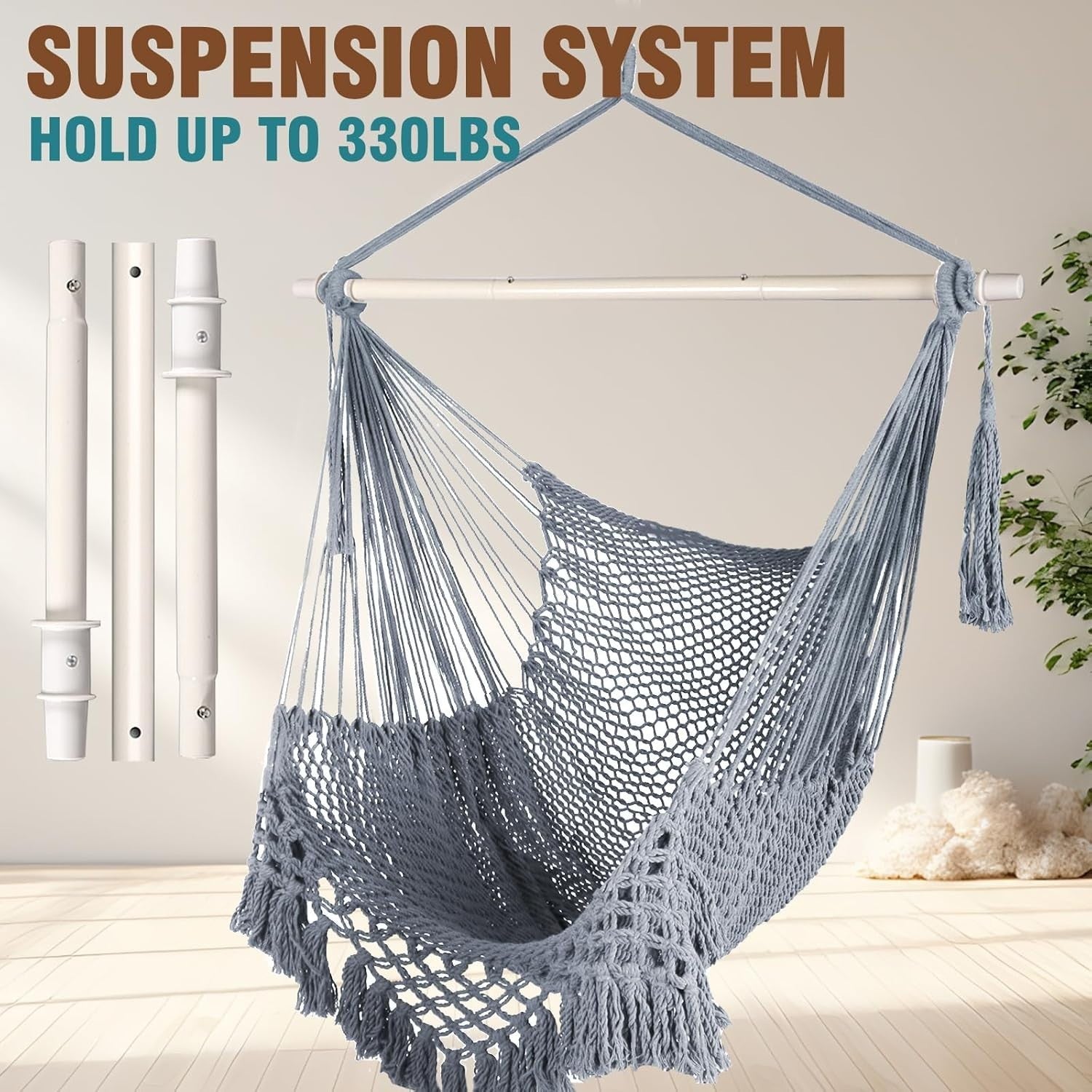 Light Grey Hanging Hammock Chair – Cotton Mesh, Indoor Outdoor, 120kg Max