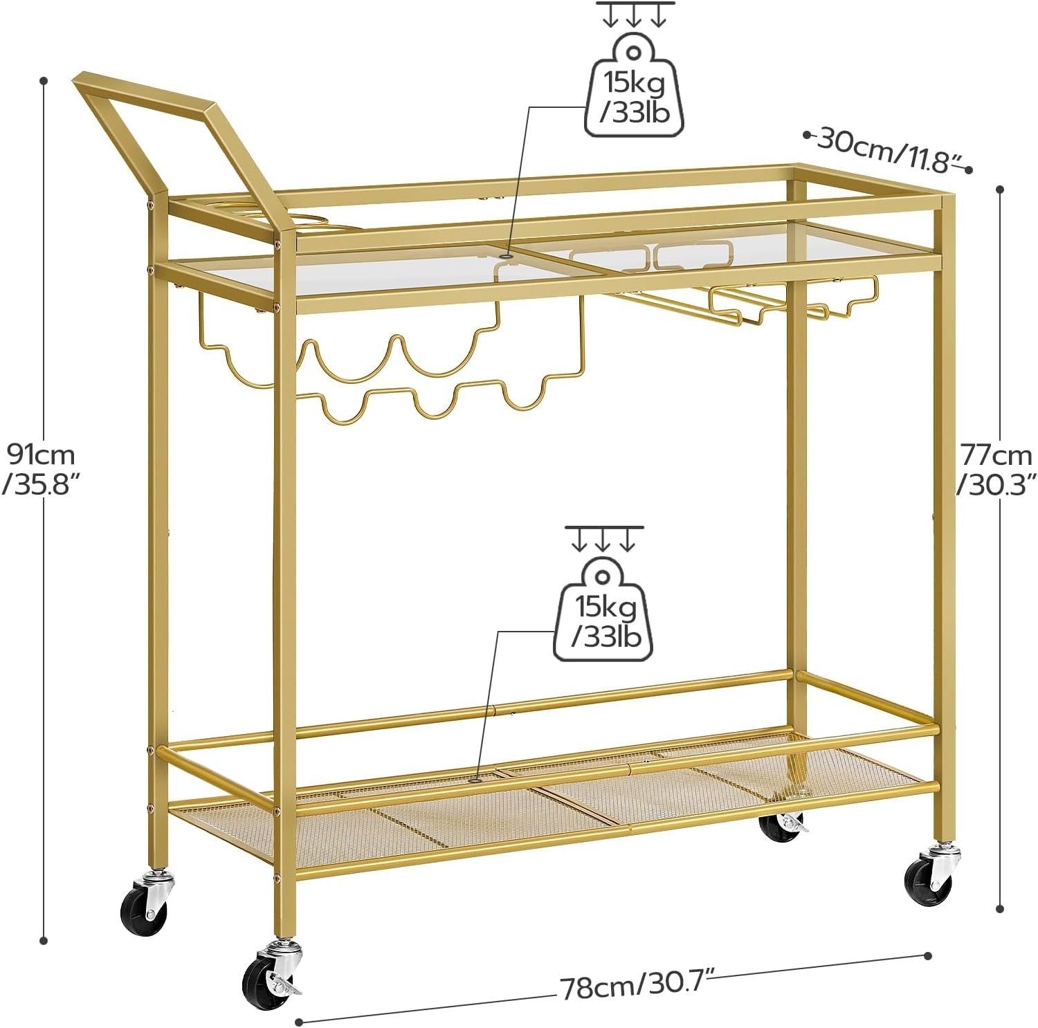 Gold Bar Cart Drinks Trolley on Wheels Glass Shelves Wine Rack Holder