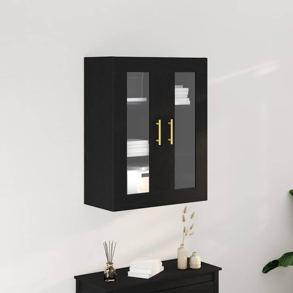 Modern Black Oak Wall-Mounted Cabinet with Glass Shelves & Gold Handles