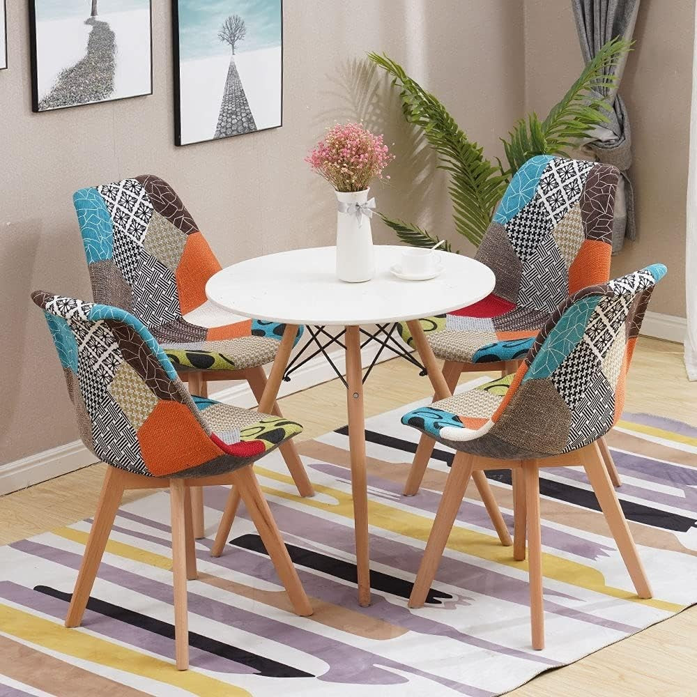 Modern 4 Chair Patchwork Dining Set with 80cm Round Table - Compact & Stylish